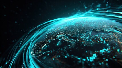 A vibrant, digital representation of Earth, showcasing glowing lines and lights, symbolizing connectivity and technology in a modern context.
