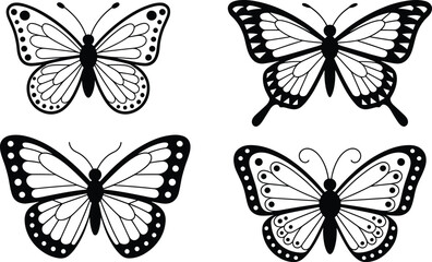 Black and white butterfly vector set with decorative wings, symmetrical patterns, insect silhouettes, nature art for design and education