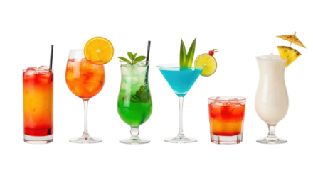 Assortment of colorful cocktails on a black background transparent background cutout png