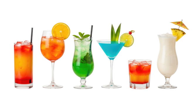 Assortment of colorful cocktails on a black background transparent background cutout png