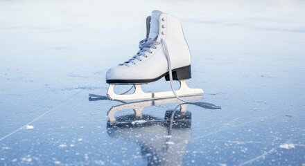A single white figure skate sits on a frozen surface reflecting in the ice