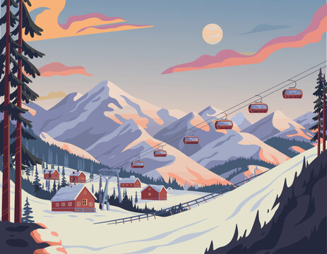 Retro Poster Vintage Ski Vacation, Vector Art Skiing Old Chairlift Design