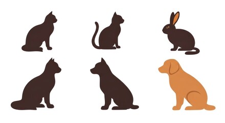 Collection of Silhouettes of Domestic Animals Including Cats Dogs and Rabbit.