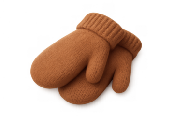 Pair of brown knitted mittens showing soft wool texture, essential clothing for keeping hands warm during winter months