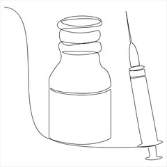 Continuous line drawing of medical syringe and vial simple illustration of vaccine and injection syringe line art vector illustration