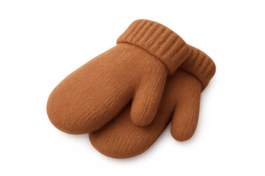 Pair of brown knitted mittens showing soft wool texture, essential clothing for keeping hands warm during winter months