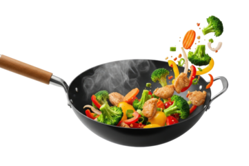Stir fry vegetables and chicken in a wok transparent background cutout png