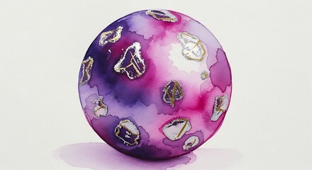 Watercolor sphere with abstract gold and silver shapes on a white background creating a dreamy effect