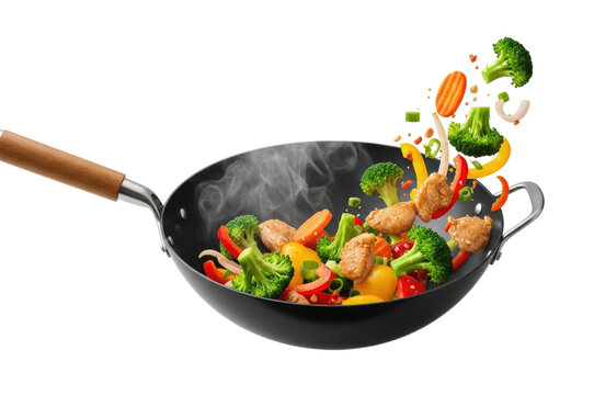 Stir fry vegetables and chicken in a wok transparent background cutout png