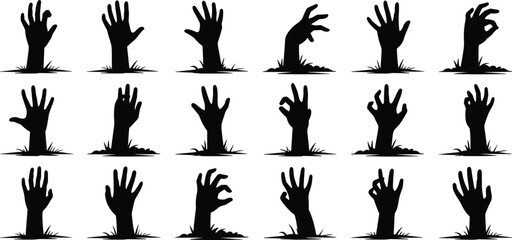 Zombie hands rising from grave silhouettes, creepy horror Halloween design, undead reaching out, spooky Halloween illustration, Halloween vector clipart