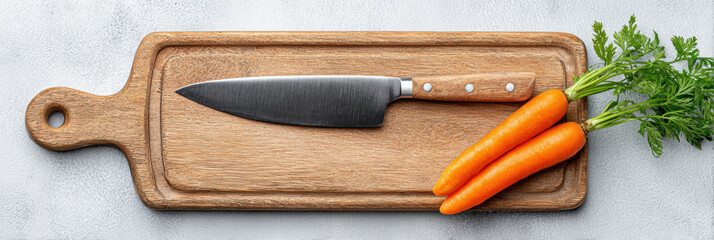 Serene food preparation flat lay from top view. fresh healthy carrot and sharp knife on rustic wooden cutting board show beautiful vegetable food ingredient