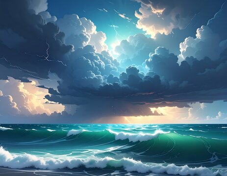 A dramatic ocean scene with stormy clouds and crashing waves