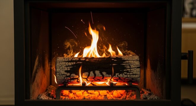Fireplace with a burning log flames rising embers glowing red Fire is contained in a dark metal firebox