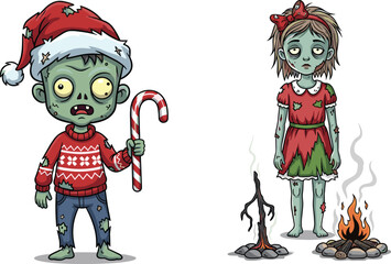 Zombie Santa with candy cane and construction worker girl in safety vest standing near debris festive horror cartoon, cad drawing flat vector illustration