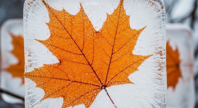 Maple leaf frozen in a transparent ice cube with tiny bubbles