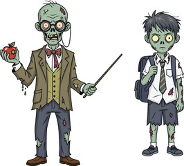 Zombie teacher and student cartoon, school horror theme, Halloween undead characters, spooky classroom illustration, creepy education concept, green skin monsters