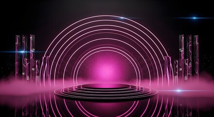 Futuristic neon archway music concert stage with pink glow and smoke.