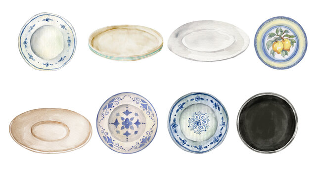 Collection of watercolor illustrated plates, featuring diverse shapes, intricate patterns, and varied designs, perfect for kitchen decor and elegant dining concepts