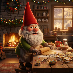 Festive Christmas Gnome Baking Gingerbread Cookies in Cozy Holiday Kitchen with Fireplace