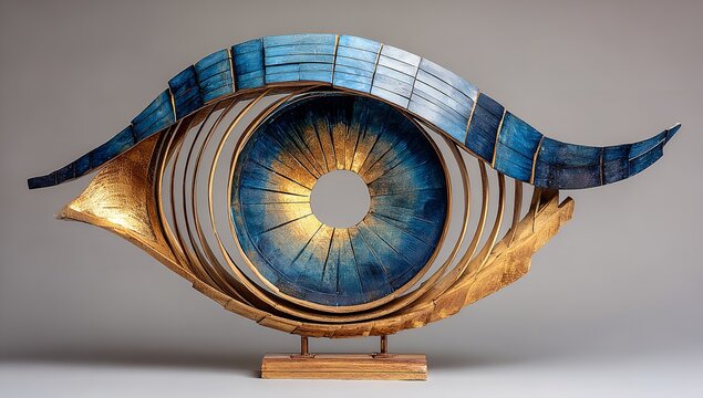 Intriguing wood eye sculpture with captivating blue and gold tones, a unique art piece for modern interiors that sparks curiosity and imaginative design concepts