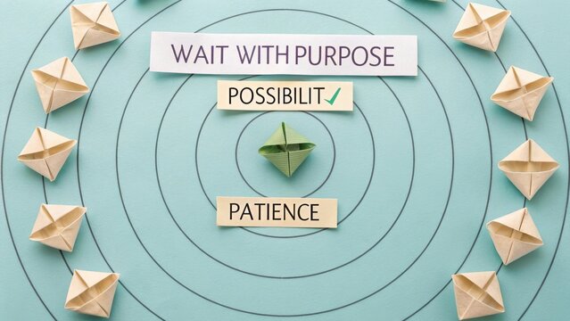 Mindfulness Concept of Purposeful Waiting with Origami Symbols for Patience and Possibility on a Blue Background
