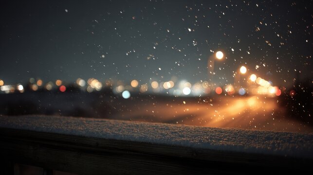 Snow falls on a cold winter night, illuminating the city lights in the distance, creating a magical and serene atmosphere on the road - Powered by Adobe