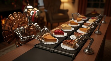 Robotic turkey overseeing a pie conveyor belt in a cozy room ready for a thanksgiving celebration
