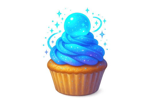 Enchanted cupcake with blue frosting, magic crystal sphere, and sparkling pixie dust on transparent background