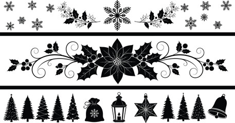 Black Christmas Snowflake, Holly, and Tree Decorative Dividers and Borders Vector Illustration