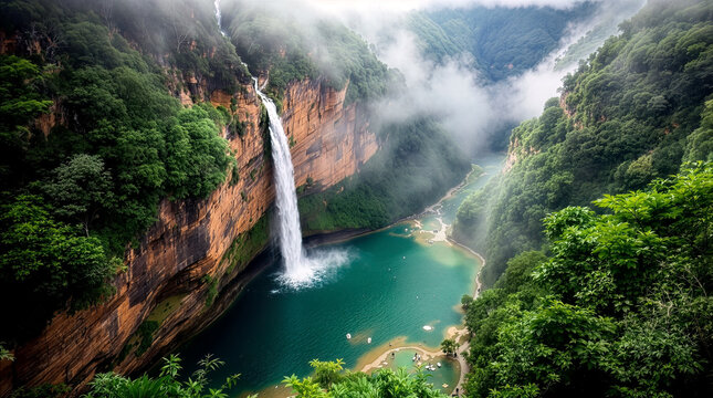 Tall canyon waterfall plunging into a vivid emerald jungle pool. Dramatic red-cliff waterfall falling into bright green waters. Lush tropical canyon with a stunning turquoise waterfall