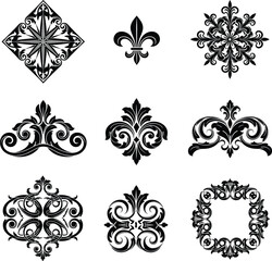 Set of Black Vintage Ornamental Flourish and Fleur De Lis Silhouette Icons Vector Illustration © EdGe Creative