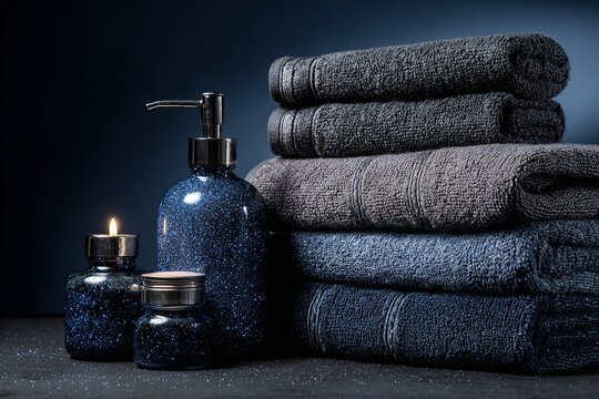 Create a soothing spa atmosphere with elegant towels, shimmering lotion, and candle light for ultimate relaxation and luxurious self care at home