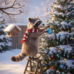 Cute Raccoon Decorating Snowy Christmas Tree with Ornaments in Winter Backyard Scene