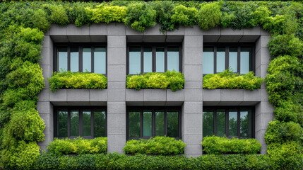 Calm view of modern building with vibrant green facade. Sustainable architecture with lush plant wall and windows, showing biophilic design concept for an eco city life