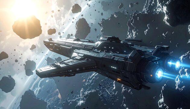 A futuristic spaceship speeds through an asteroid field towards a sun