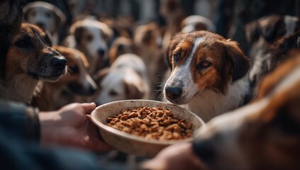 Caring hands feeding hungry dogs at animal rescue shelter fosters compassion and heartwarming community spirit promoting pet adoption and animal welfare advocacy