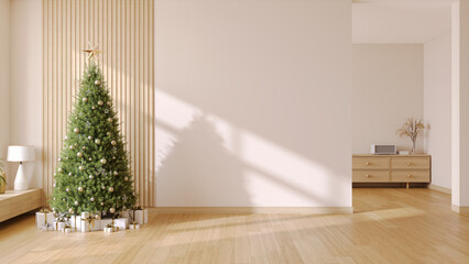 Naklejka premium Minimalist Living Room with Christmas Tree and Gift Boxes , and Wooden Floor ,empty room , white wall ,copy space .3drender