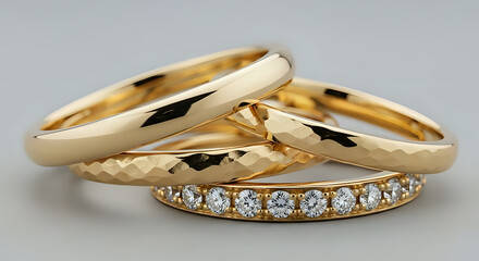 Elegant gold rings stacked, a timeless symbol of love and commitment, ideal for jewelry designs, wedding promotions, and luxury lifestyle content