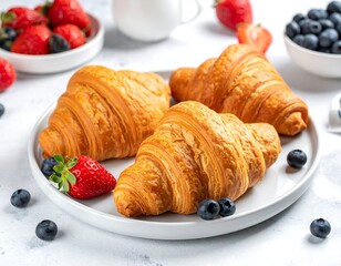 Three golden croissants on a white plate, surrounded by strawberries and blueberries in small white bowls. The background is a white surface