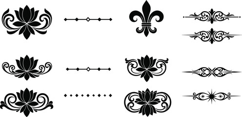 Set of Black Vintage Ornamental Floral and Fleur De Lis Text Dividers Vector Illustration