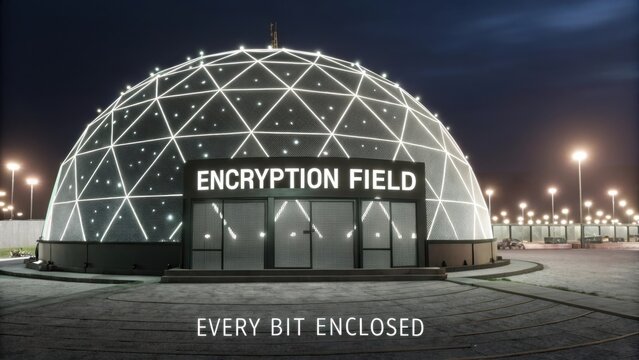 Modern encryption facility illuminated at night, showcasing a geodesic dome structure with bright lights and a futuristic appearance