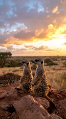 Two small, brown mammals stand upright on a reddish-brown rock, gazing towards a vibrant, sunset-filled sky over arid terrain