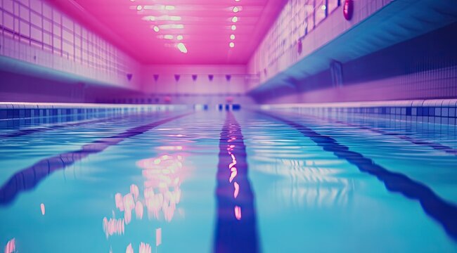 Empty indoor pool, vibrant neon glow