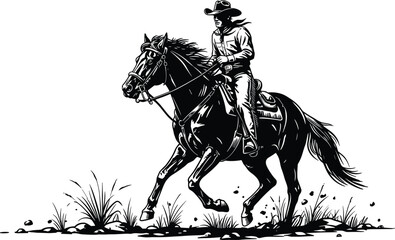 Cowboy riding galloping horse silhouette, western ranch rider vector illustration, wild west cowboy art for logo, tattoo, or decoration design