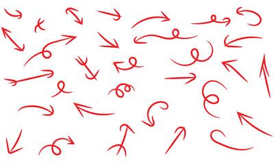 Collection of hand drawn red arrows isolated on