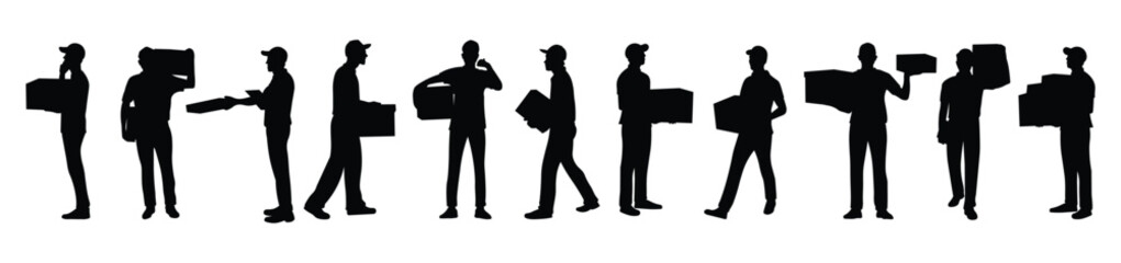 Silhouette Set of Delivery Men Carrying Boxes. Courier Workers and Cargo Shipping Illustration