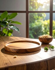 Wooden table with tray and a bowl of food. Daylight shines through a window, illuminating greenery. A cozy, inviting scene