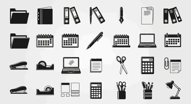 Organized office essentials collection featuring calendar, laptop, stapler, and pen holder, perfect for back to school, remote work, or home office setup