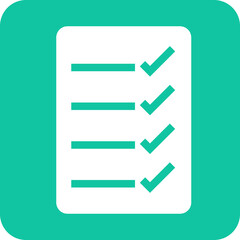 A simple flat design icon representing a checklist with four completed tasks marked by green checkmarks on a white paper