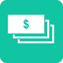 Simple flat icon representing a stack of white paper currency with a green dollar sign on a teal background